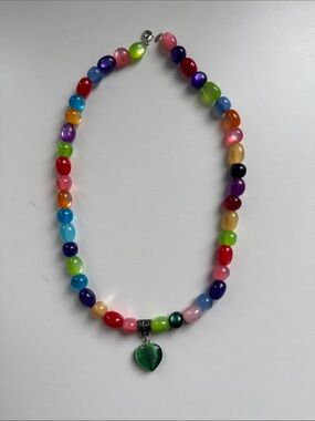 Colorful Multicolor Beaded Necklace with Green Heart Pendant